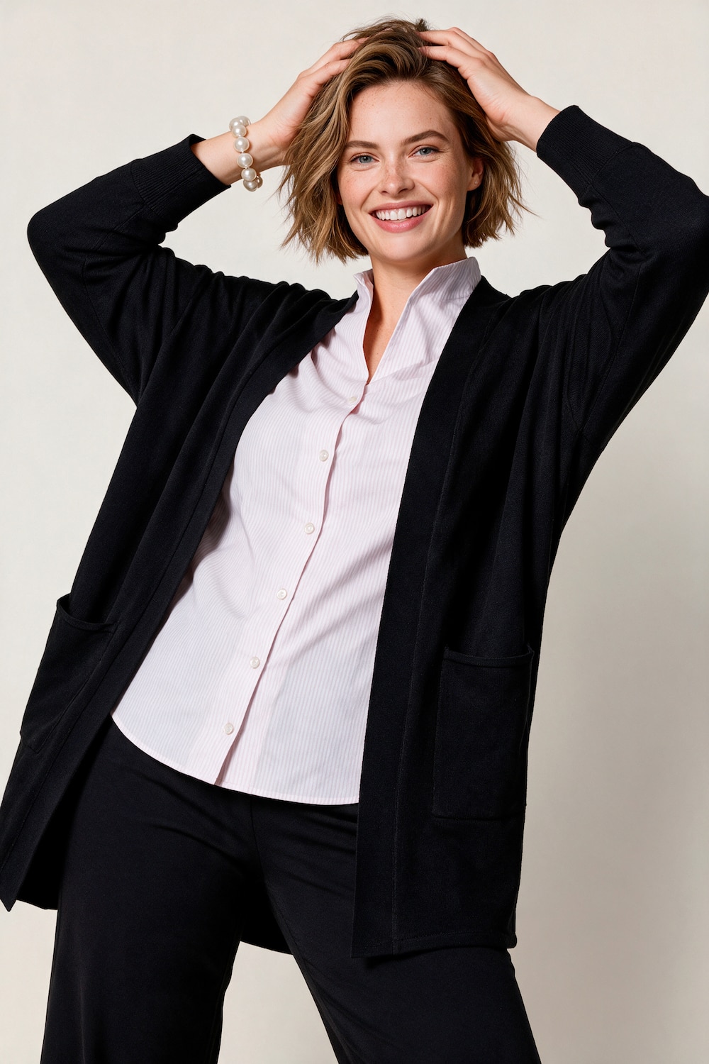 Long-Strickjacke, oversized, offen, Fledermaus-Langarm
