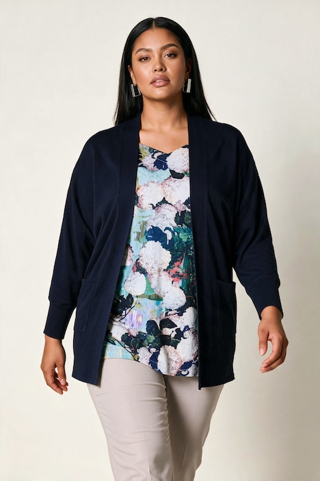 Long-Strickjacke, oversized, offen, Fledermaus-Langarm