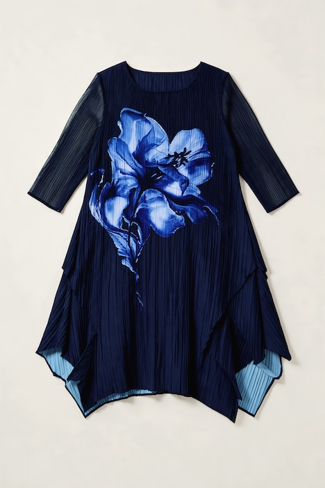 Midi-Plisseekleid, A-Linie, Blumen-Design, Layering-Effekt