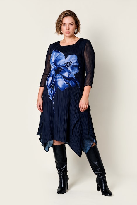 Midi-Plisseekleid, A-Linie, Blumen-Design, Layering-Effekt