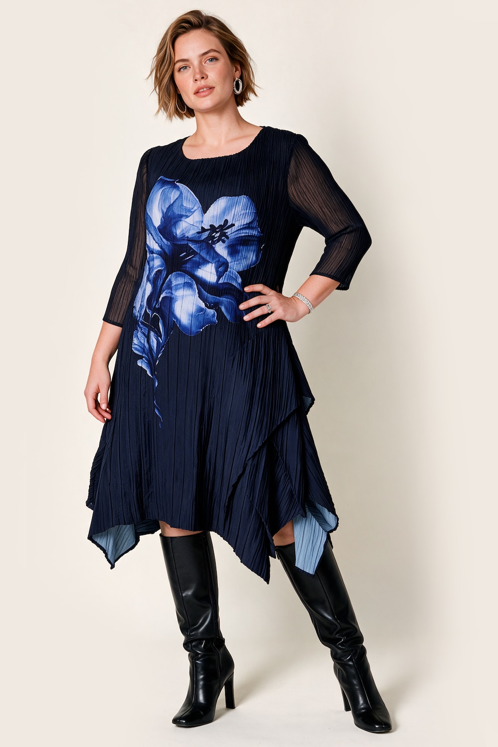 Midi-Plisseekleid, A-Linie, Blumen-Design, Layering-Effekt