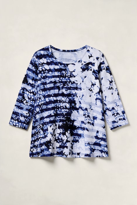 T-shirt en coton Pima, coupe évasée et manches 3/4, motif rayé/floral