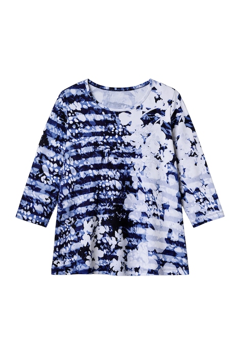 PimaCotton-Shirt, A-Linie, Streifen/Blüten-Design, 3/4-Ärmel