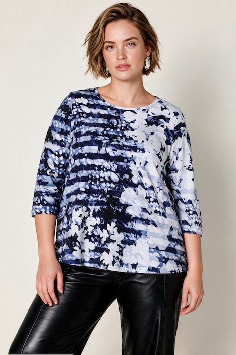 T-shirt en coton Pima, coupe évasée et manches 3/4, motif rayé/floral