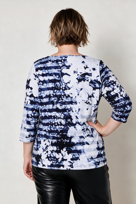 T-shirt en coton Pima, coupe évasée et manches 3/4, motif rayé/floral