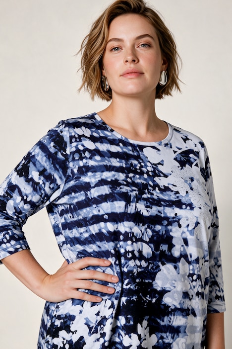 T-shirt en coton Pima, coupe évasée et manches 3/4, motif rayé/floral