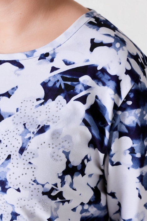 T-shirt en coton Pima, coupe évasée et manches 3/4, motif rayé/floral