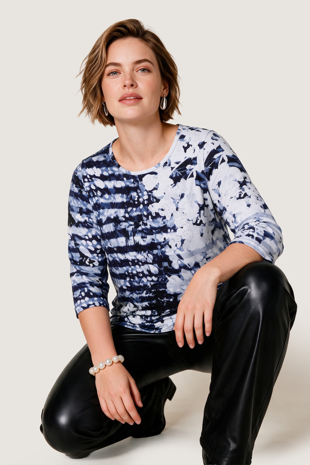 PimaCotton-Shirt, A-Linie, Streifen/Blüten-Design, 3/4-Ärmel