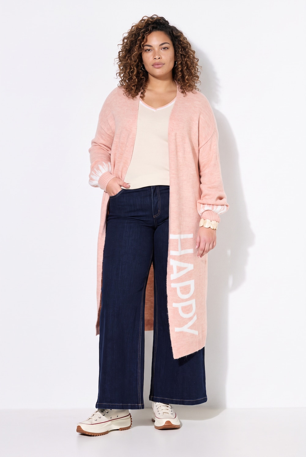 Long-Strickjacke, Straight Fit, HAPPY-Statements