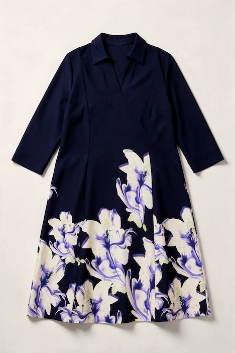 Punto-Midikleid, A-Linie, Polokragen, Flower-Design, 3/4-Arm