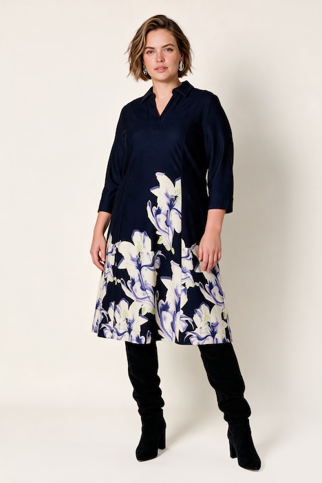 Punto-Midikleid, A-Linie, Polokragen, Flower-Design, 3/4-Arm