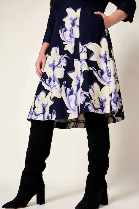 Punto-Midikleid, A-Linie, Polokragen, Flower-Design, 3/4-Arm