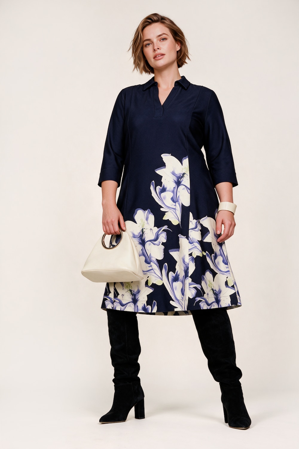 Punto-Midikleid, A-Linie, Polokragen, Flower-Design, 3/4-Arm