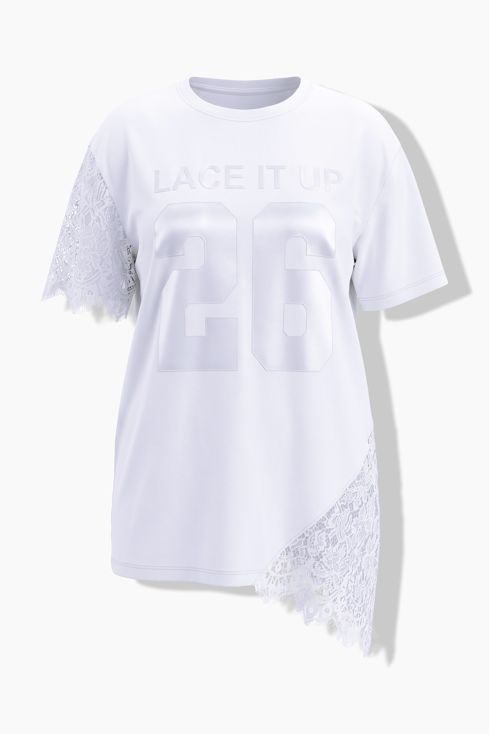 T-Shirt, Boxy Fit, Spitzen-Details, Satin-Schriftzug