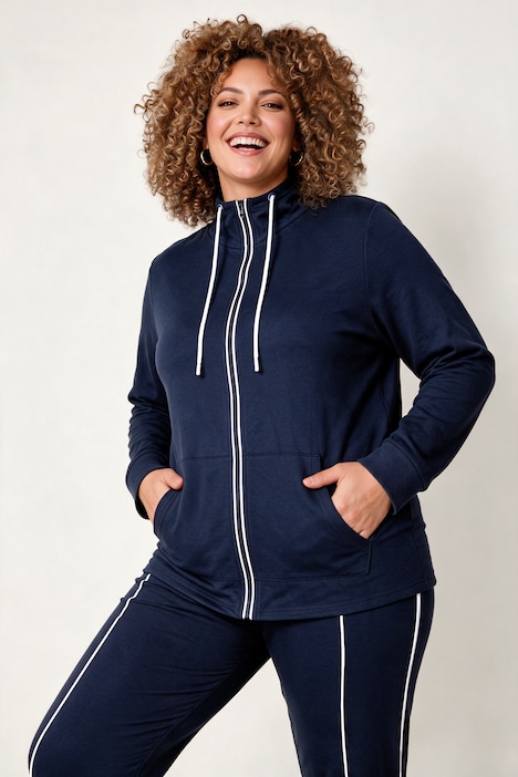 Sweatjacke, bequemer Fit, Piping, Stehkragen, Kängurutasche