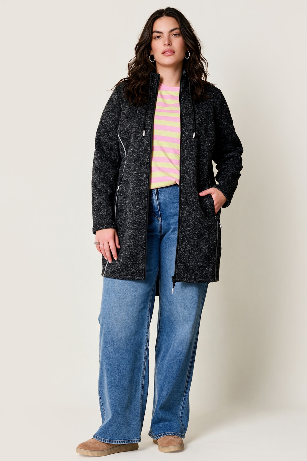 Strickfleece-Jacke, A-Linie, farbige Details, Langarm