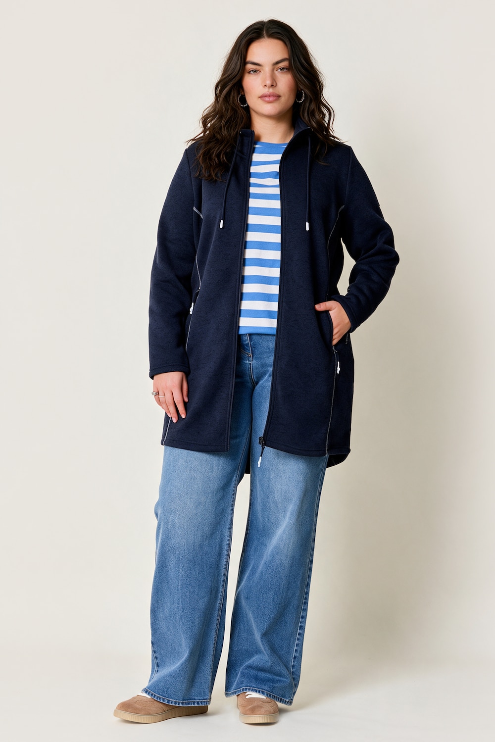 Strickfleece-Jacke, A-Linie, farbige Details, Langarm
