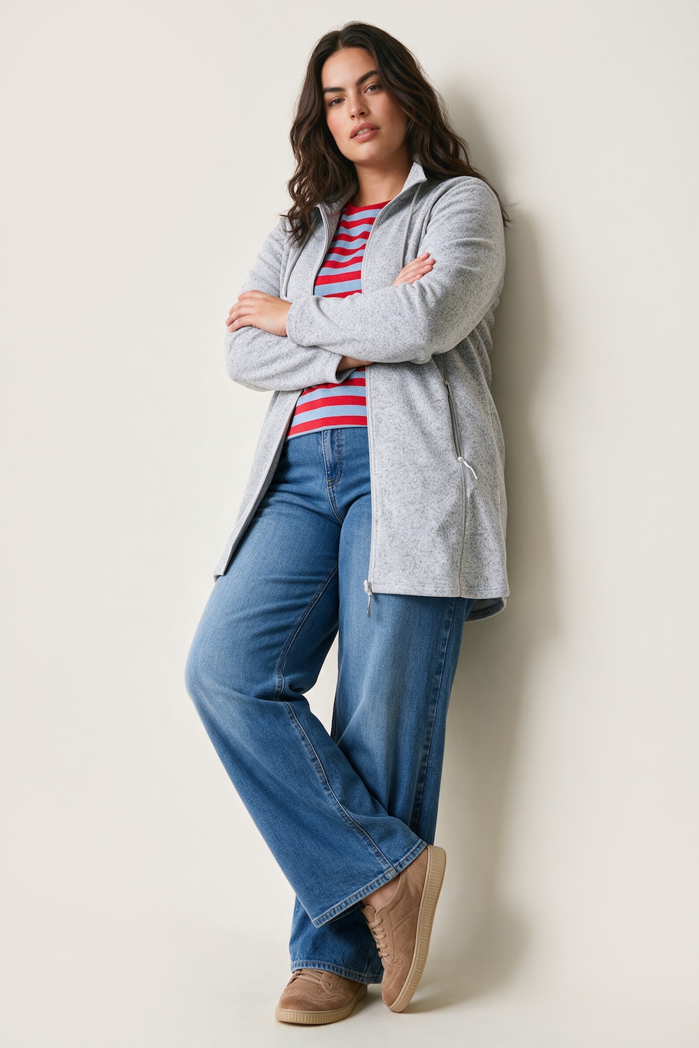 Strickfleece-Jacke, A-Linie, farbige Details, Langarm