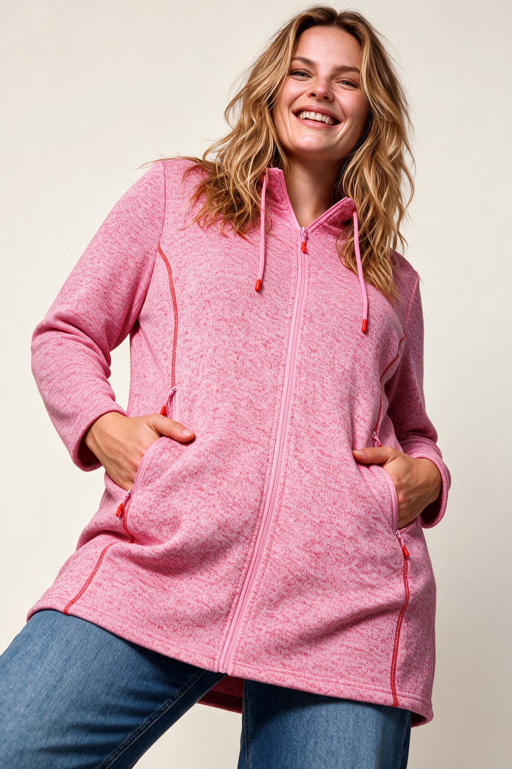 Strickfleece-Jacke, A-Linie, farbige Details, Langarm
