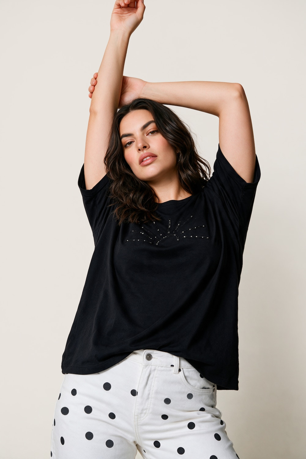 Shirt, Relaxed Fit, Zierperlen-Stickerei, Halbarm