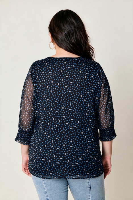 Bluse, oversized, Punkte, Henley-Ausschnitt, Körperfutter