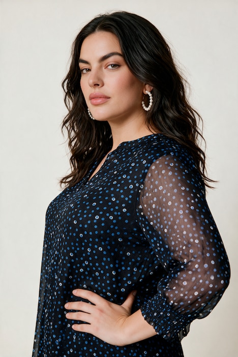 Bluse, oversized, Punkte, Henley-Ausschnitt, Körperfutter