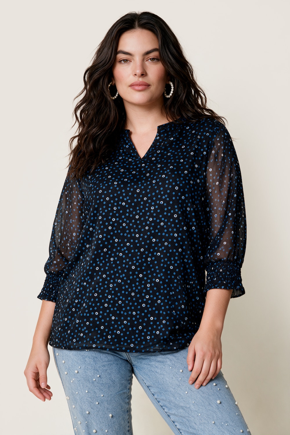 Bluse, oversized, Punkte, Henley-Ausschnitt, Körperfutter