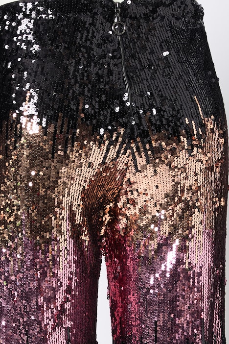 Pantaloni modello Mary con paillettes, taglio della gamba ampio, vita alta e cintura alta