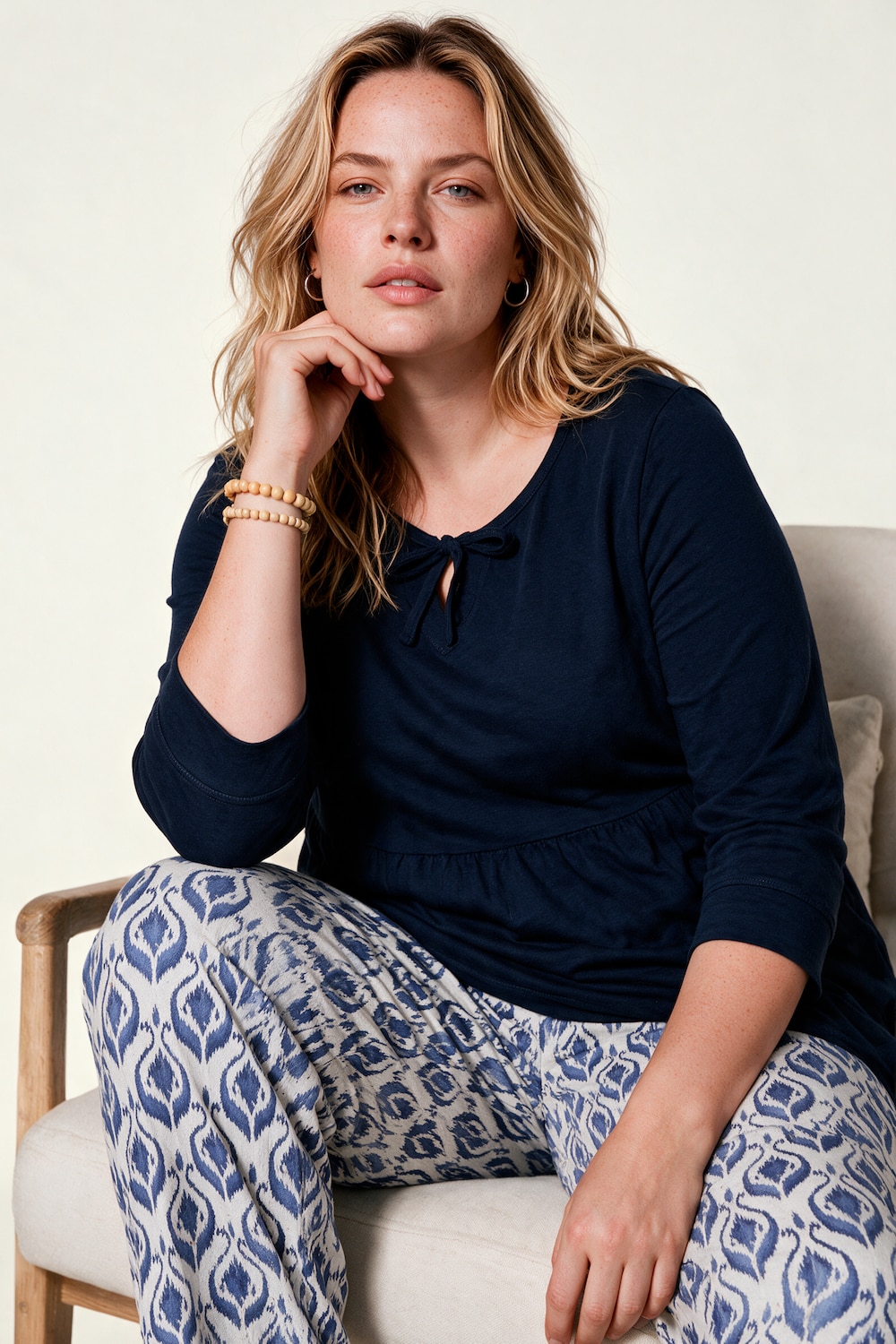 Longshirt, längere A-Linie, Quernaht, 3/4-Ärmel