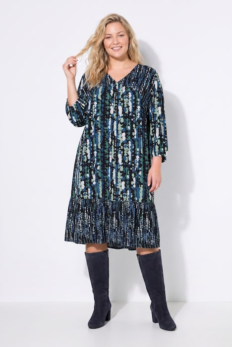 Kleid, A-Linie, gekräuselte Quernaht, 3/4-Ärmel