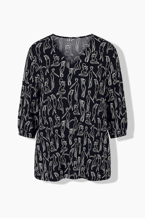 Bluse, A-Linie, Muster, V-Ausschnitt
