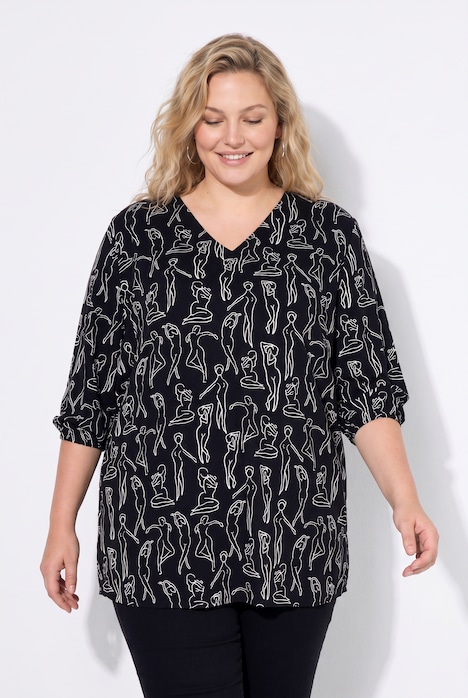 Bluse, A-Linie, Muster, V-Ausschnitt