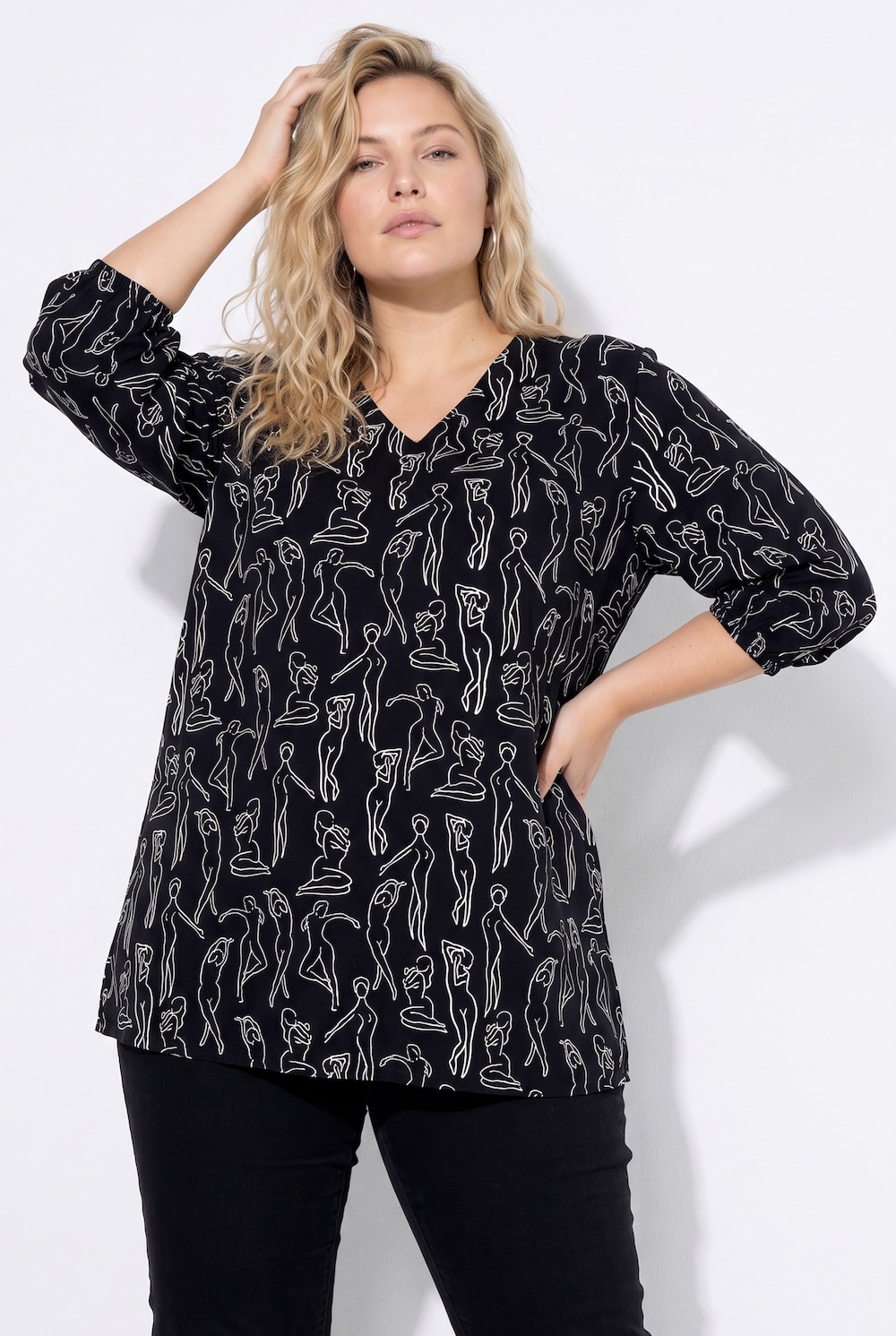 Bluse, A-Linie, Muster, V-Ausschnitt