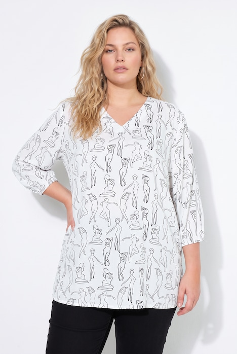 Bluse, A-Linie, Muster, V-Ausschnitt