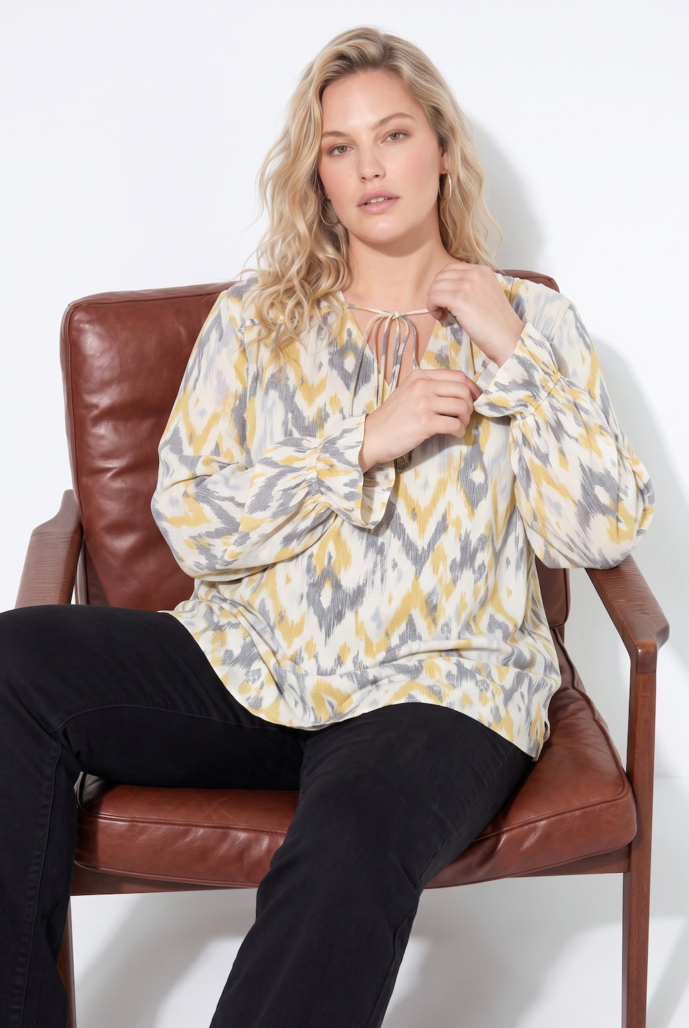 Bluse, A-Linie, Muster, Langarm mit Volant