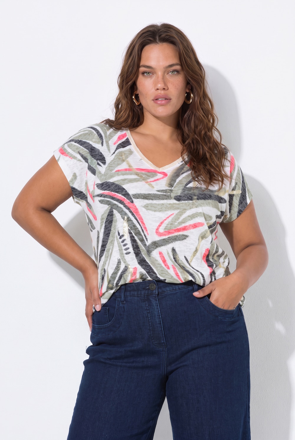 T-Shirt, oversized, Flammjersey, V-Ausschnitt, Halbarm